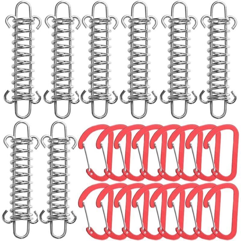 8-teiliges Zeltspannfeder-Set, Federseil-Campingzelthaken mit 16 Karabinern für Markisen, Campingzubehör (Rot)