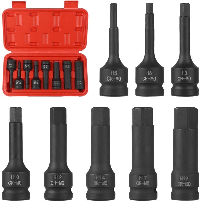 8-tlg. Innen Sechskant Steckschlüssel Set 1/2', H5, H6, H8, H10, H12, H14, H17, H19, Nuss Satz mit Kasten für Innensechskant Schrauben
