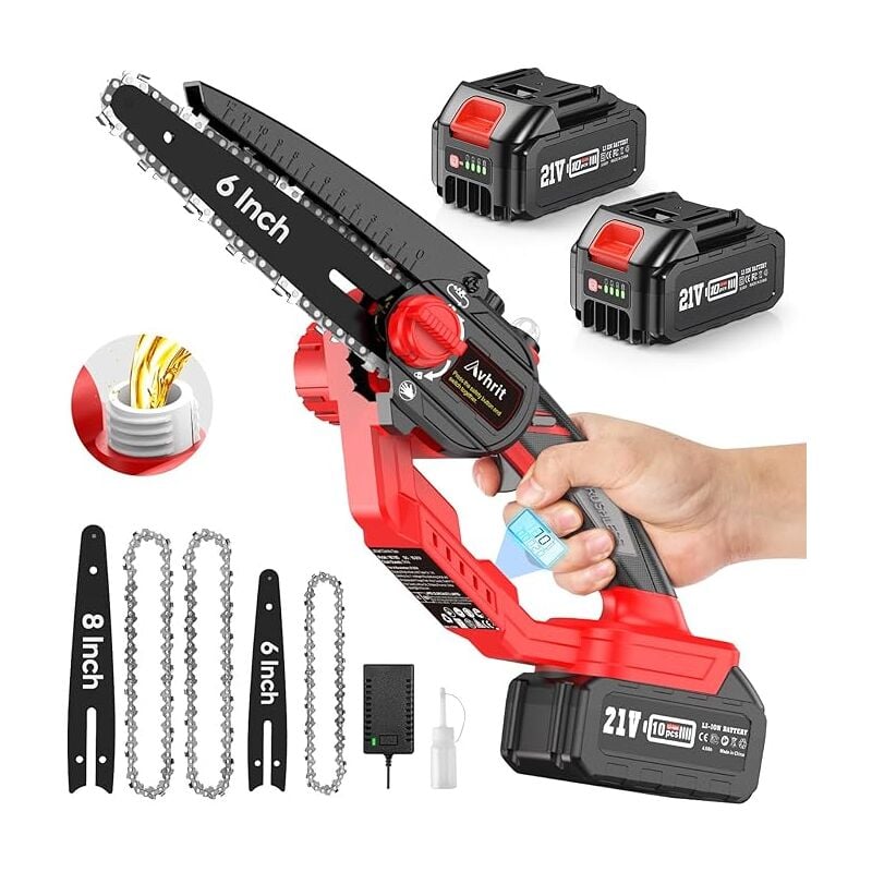 8 und 6 Zoll Akku Kettensäge, Avhrit 2-in-1 Bürstenlose Mini Kettensäge, 8000mAh, Werkzeuglose Ketteneinstellung & Kettenschmierung, Digitaler