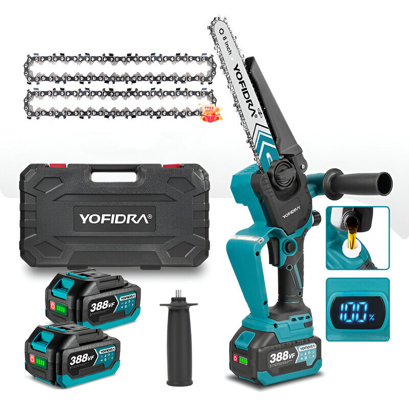 8 Zoll Elektrische Kettensäge Akku-Kettensäge mit 2 Akkus 2 Ketten, Tragbare Einhand-Akku-Kettensäge