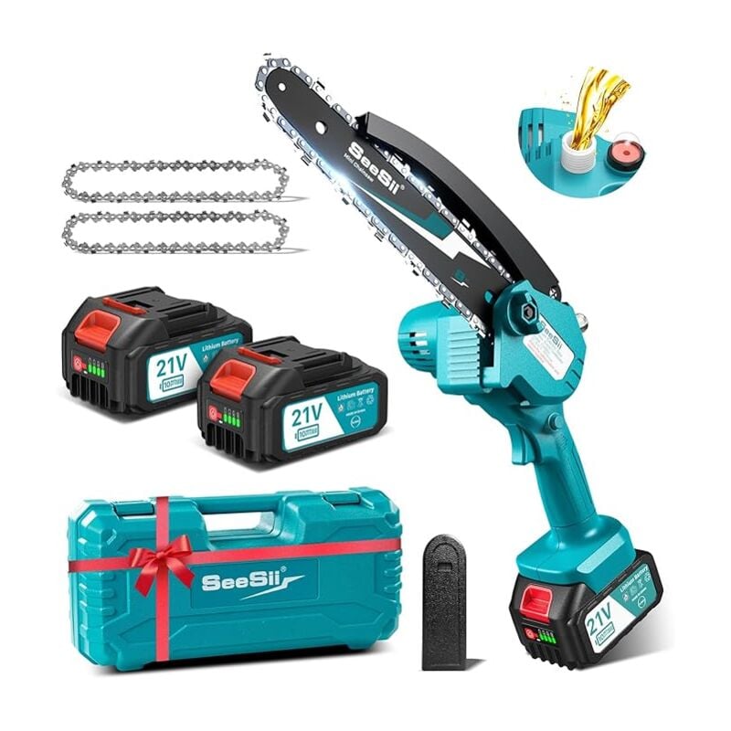 8 Zoll Mini Kettensäge mit Akku 8000mAh Seesii Mini Kettensäge Elektro mit Automatischer Öler und 2 Akku 4000mAh, Handkettensäge Akku für