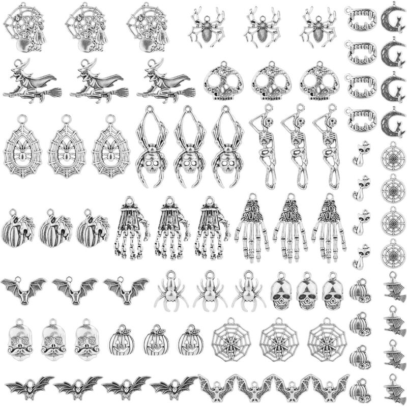 Bluedeer - 80 Stück Halloween Charms Basteln, Antiksilber Halloween Anhänger Dekoration Geist Fledermaus Kürbis Hexen Halloween-Charms für