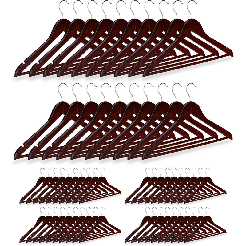 60 x Kleiderbügel Holz, Garderobenbügel, Hemden & Hosen, 360° drehbar, klassisch, Bügel HxB 23 x 44 cm, Holzbügel, braun