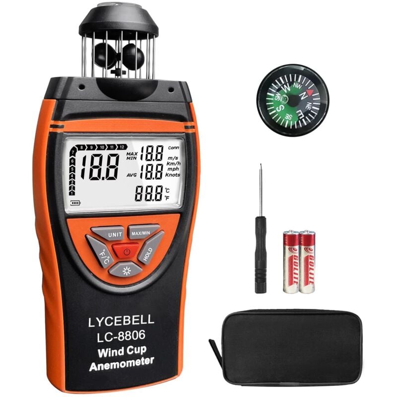 8806 Wind Cup Anemometer – Präzises Windmessgerät mit Temperaturmessung für Industrie, Outdoor & HVAC Windgeschwindigkeit 0,7-42 m/s,