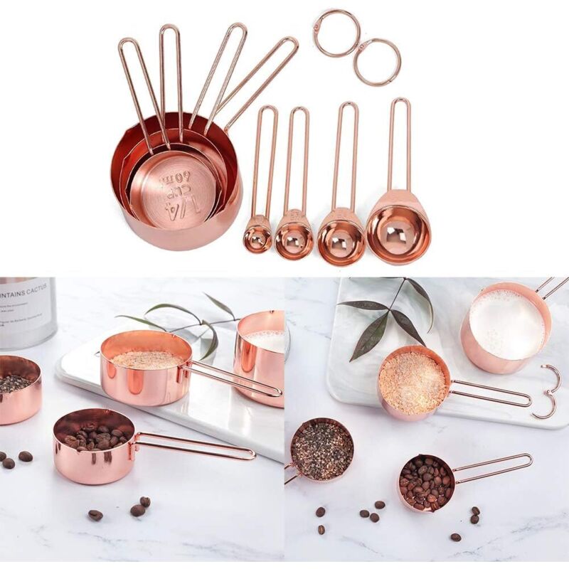 Set di 8 misurini e cucchiai in rame e acciaio inossidabile, acciaio inossidabile cromato, con misure incise, per ingredienti secchi o liquidi