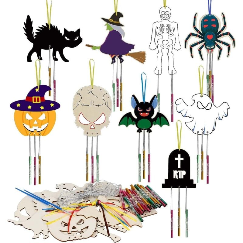 Bluedeer - 9 Stück Halloween Windspiel Bastelset Halloween Kinder Holz Basteln Kürbis Hexen Fledermaus Geist Klangspiel Bastelhandwerk zum Bemalen