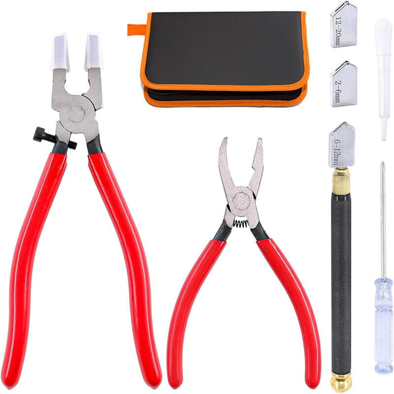 9-teiliges Glasschneidewerkzeug-Set, Pinzette und gebogene Zange, Glaszangen-Set mit Gummispitzen, Ölzufuhr, Hartmetall-Glasschneider, 2 Klingen mit