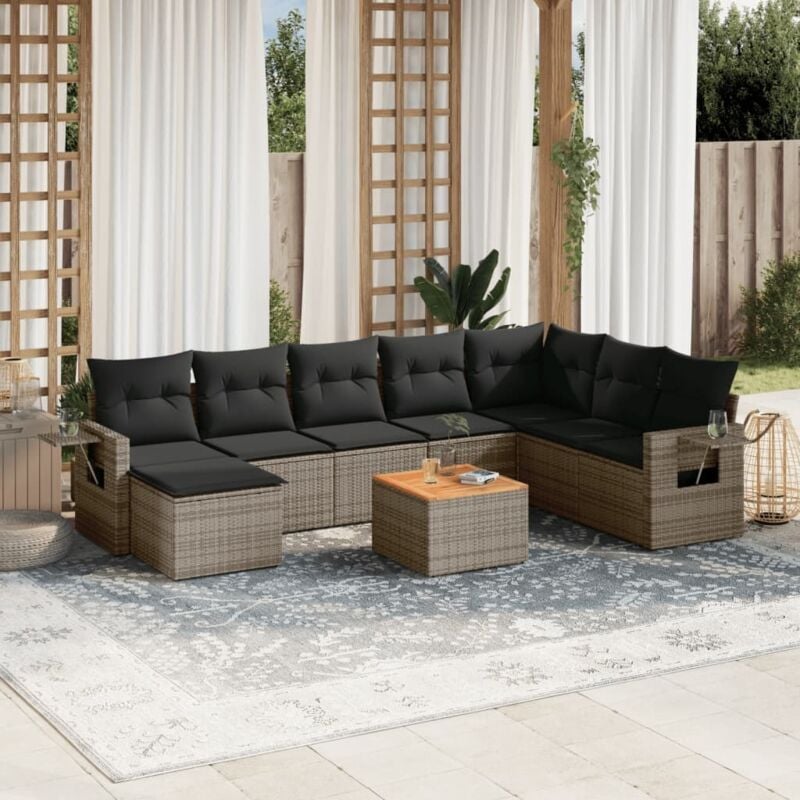 9-tlg. Garten-Sofagarnitur mit Kissen Grau Poly Rattan - Vidaxl