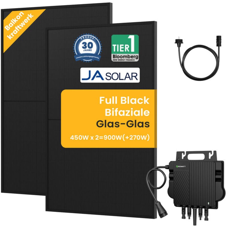 900W Balkonkraftwerk 800W komplett Steckdose - Growatt Neo 800 Watt Wechselrichter - Solaranlage Komplettset - 450W Solarmodule & Envertech & Zubehör