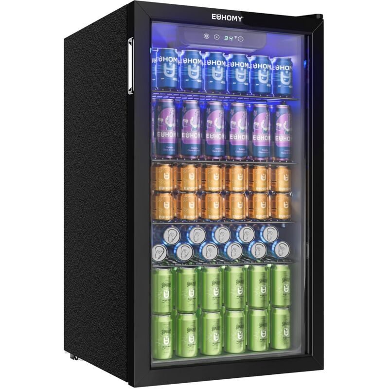 90L Getränkeschrank - EUHOMY - 126 Dosen mit Regal und Glastür für Limonaden, Bier oder Wein, schwarz, Edelstahl