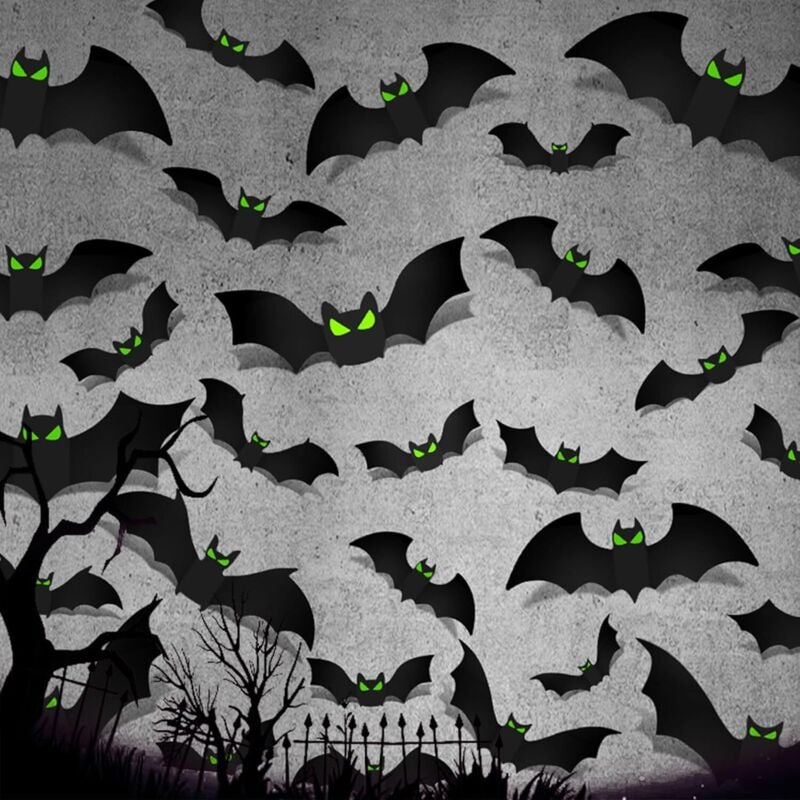 Bluedeer - 96 Stück Halloween 3D Fledermaus Deko, Halloween Fledermaus im Dunkeln leuchtend, Fledermäuse 3D Dekoration Aufkleber, Abnehmbare