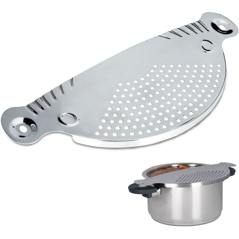 2 x Abgießhilfe Edelstahl, HxB: 32,5 x 13 cm, Schöpfsieb, für Töpfe und Schüsseln, platzsparend, Metall, silber
