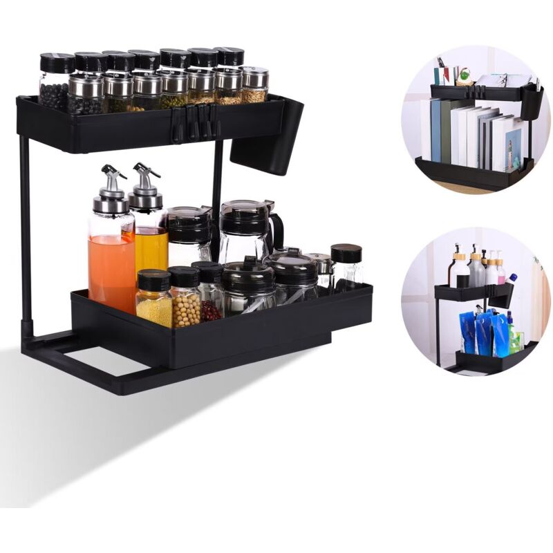 Abtropfkorb für die Spüle, Aufbewahrung unter der Spüle mit ausziehbarer Schublade, 2-stufige Aufbewahrung unter der Spüle mit 4 Haken, Aufbewahrung