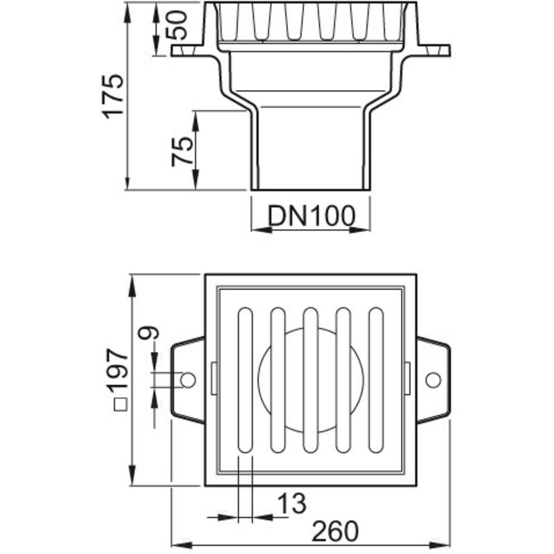 ACO Bodenablauf Guss DN100/ 90 Grad/ M125/Rost eckig/Anstrich, 5194.10.00