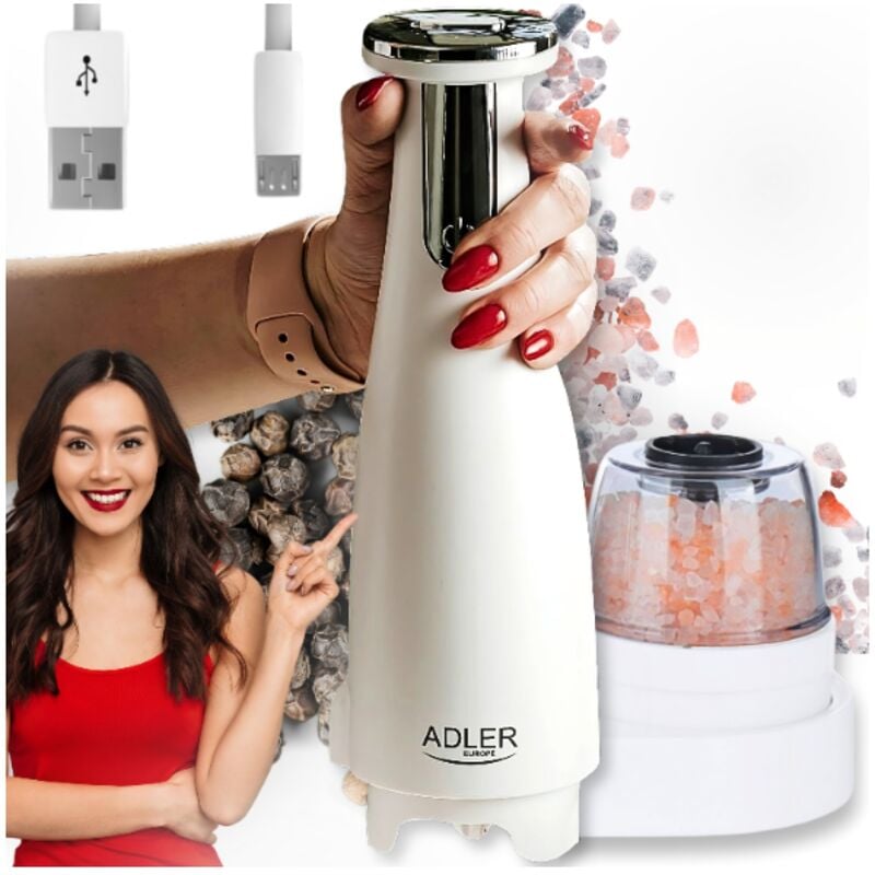 Europe Electric Salt and Pepper Mill Set - Electric Salt and Pepper Mill - Electric White - Salt Mill Electric with Ceramic Core usb and led - Adler