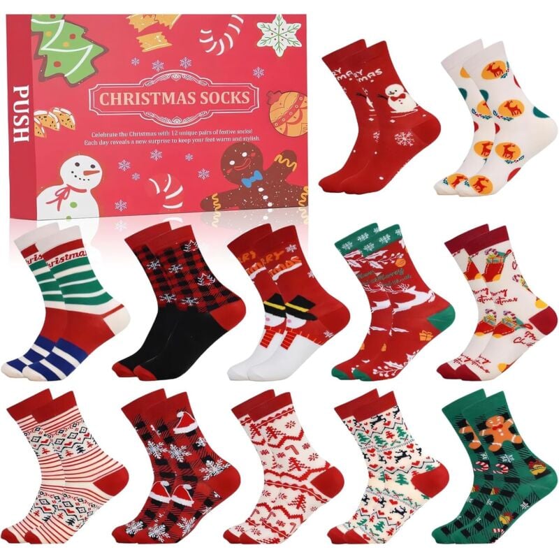 Adventskalender 2024, Adventskalender mit Weihnachtsstrümpfen, 12 Paar Socken Weihnachts-Adventskalender 2024 für Damen und Herren,