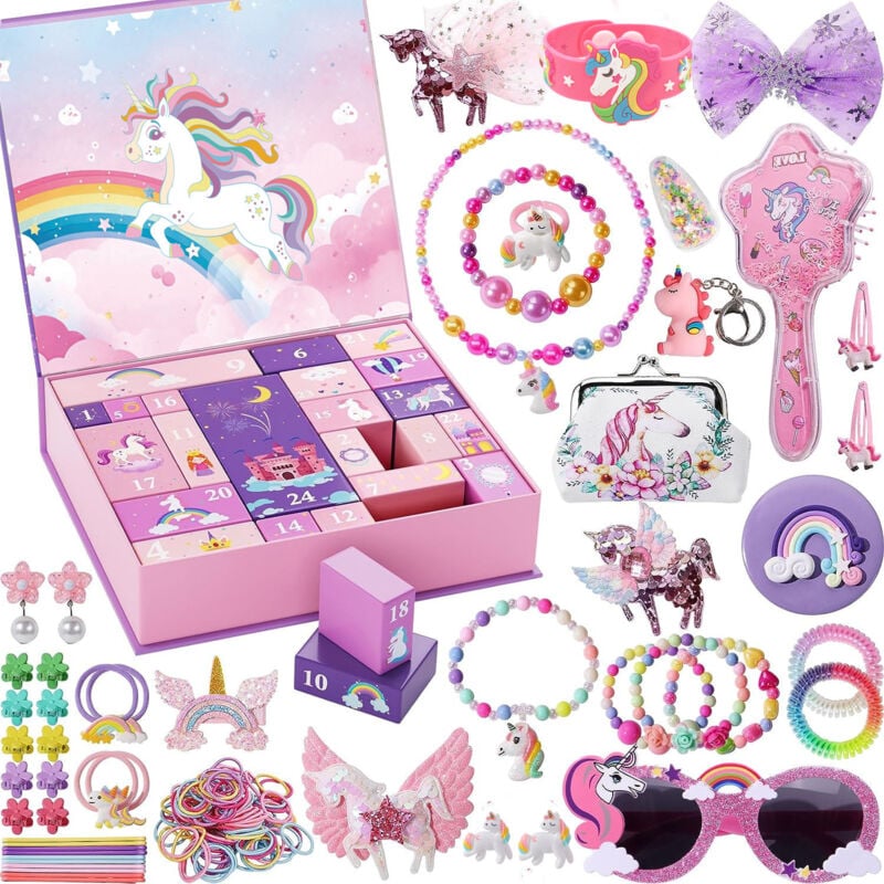 Adventskalender 2024 für Mädchen, Teenager, Kleinkinder, Mädchen, Einhorn, Prinzessin, Adventskalender mit Kinderschmuck, Haarschmuck,