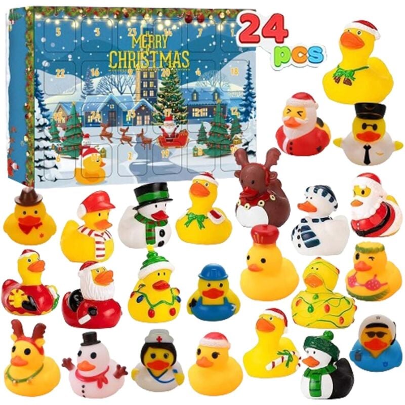 Adventskalender 2024 mit 24 Weihnachts-Quietsch-Enten, Countdown, Badespielzeug aus Gummi, Weihnachts-Countdown-Kalender mit gelben Enten