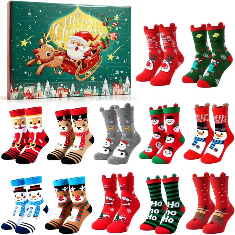 Adventskalender 2025, 12 Paar Weihnachtsstrümpfe, Adventskalender-Socken, Weihnachtssocken mit Weihnachtsmotiven, Weihnachtssocken für den Advent und