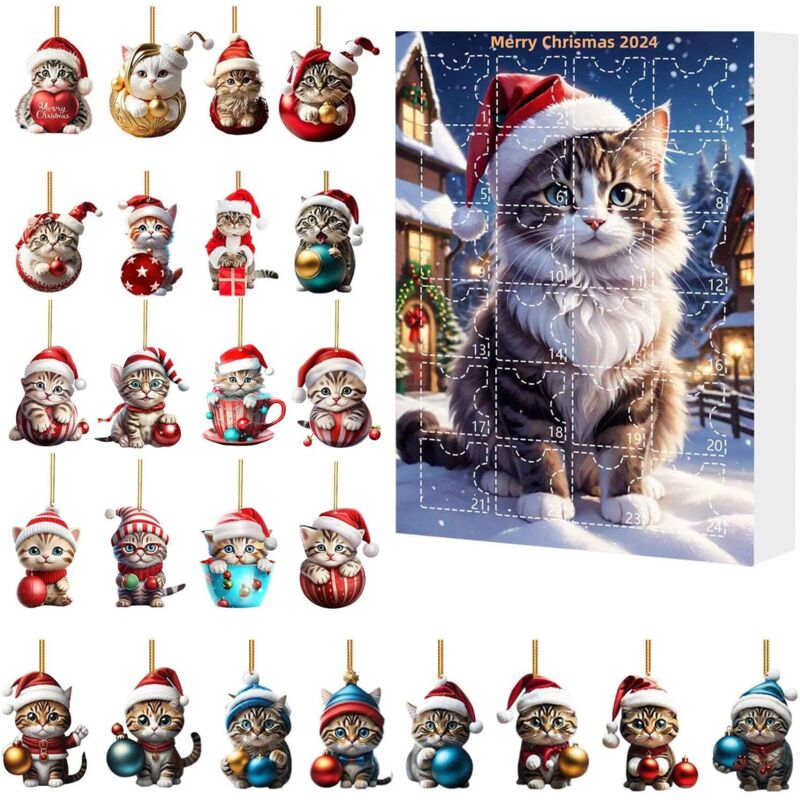 Adventskalender mit niedlichen Tiermotiven, 2D-Cartoon-Hund, Katze, Kuh, Drache und Panda als Ornamente, sammelbare Weihnachtsbaumdekorationen und