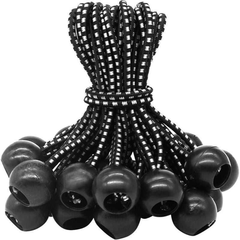 Ahlsen - 25er Set Gummispanner mit Kugel (schwarz und weiß 150 mm) für Zelte, Planen, Poster, Planenspanner, Dehnungsschlaufen, Planenstütze,