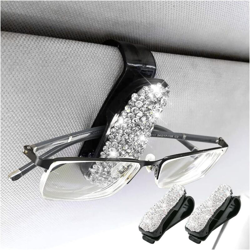 Ahlsen - Auto-Brillenhalter, 2 Stück, Strass-Auto-Brillenhalter, Auto-Sonnenblenden-Clips, Auto-Sonnenblenden-Brillenhalter für Brillen, Karten (weiß)