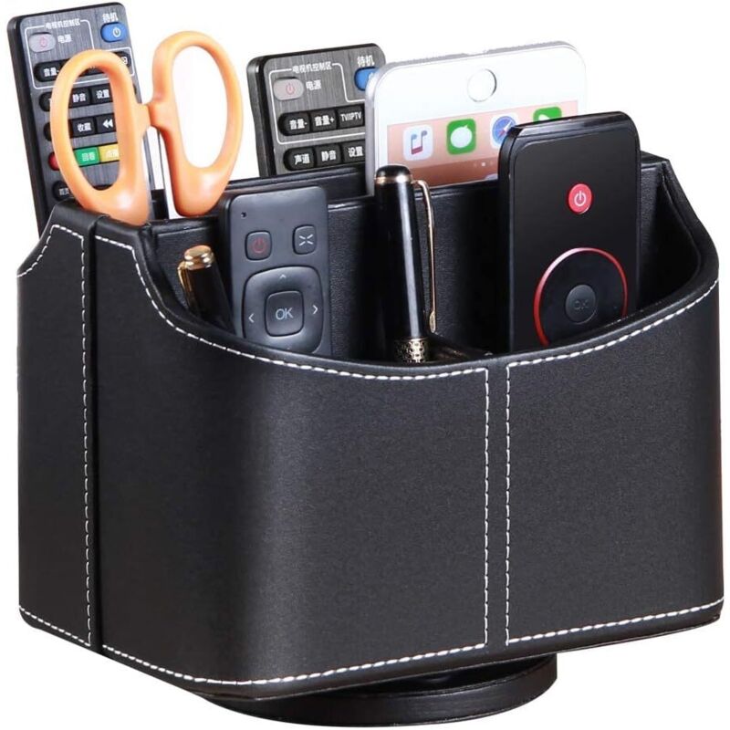 Drehbarer Fernbedienungshalter, Multimedia-Organizer mit 5 Fächern, multifunktionaler Schreibtisch-Organizer aus PU-Leder, TV-Aufbewahrungsbox für