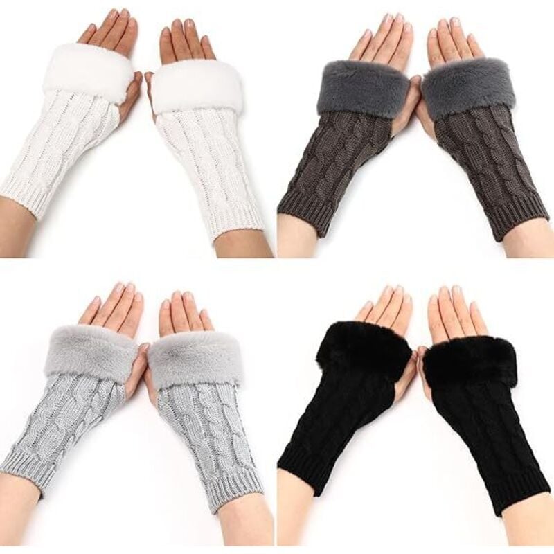 Fingerlose Handschuhe Wärmer, 4 Paar pelzige Kaschmir-Manschetten, Plüsch-Thermohandschuhe mit Daumenloch, fingerlose warme Handschuhe für Damen und