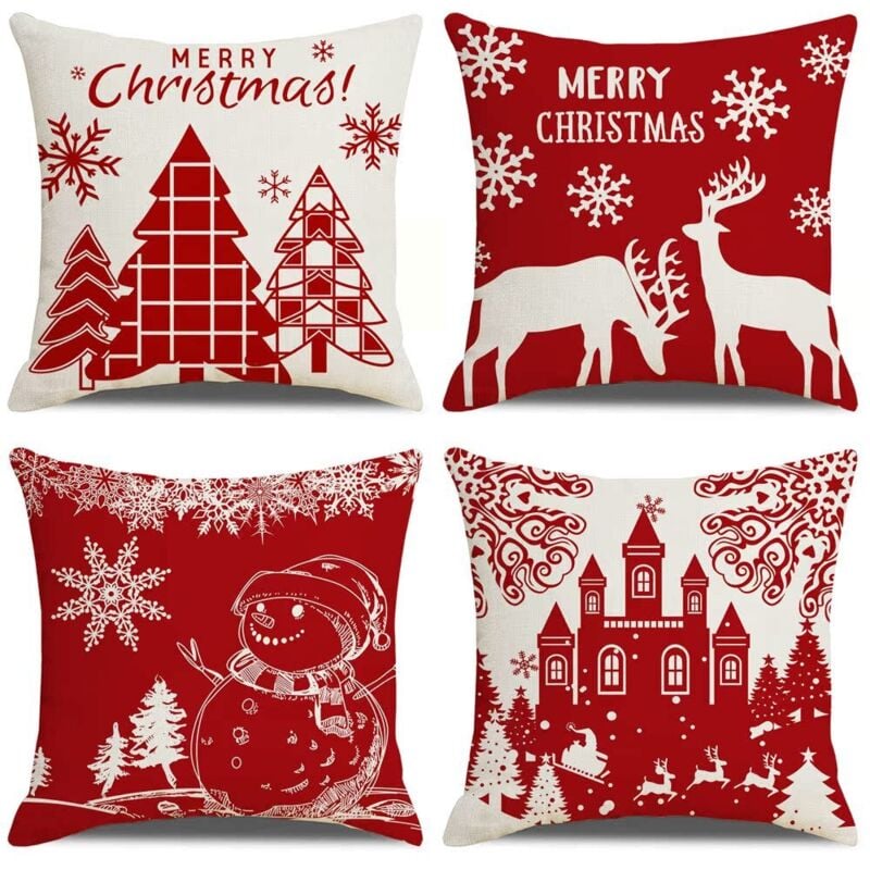Frohe Weihnachten-Kissenbezüge, 4er-Set, Kissenbezug, Winter, Weihnachten, Elch, Schloss, Schneemann, Muster, Dekoration für Sofa, Schlafzimmer,