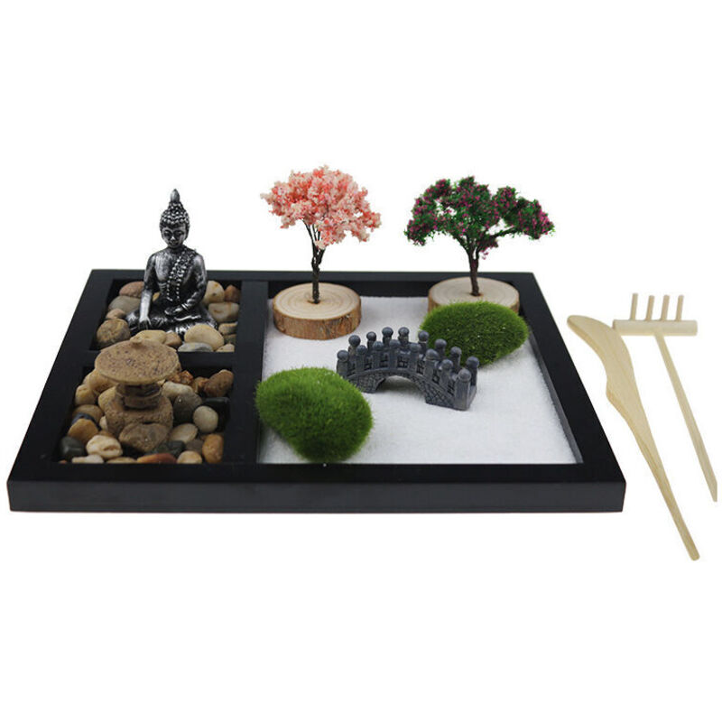 Ahlsen Miniatur-Zen-Garten, Kunstharz-Sandkasten-Ornamente, Zen-Garten-Rechen aus Bambus, Miniaturen für den Garten im Freien, Dekorationen für