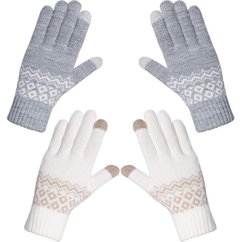 Paar Damen-Handschuhe, Winter, warm, Touchscreen-Touchscreen-Handschuhe, gestrickt, weiches Muster – Weiß/Grau – Einheitsgröße, 21 x 12 cm - Ahlsen