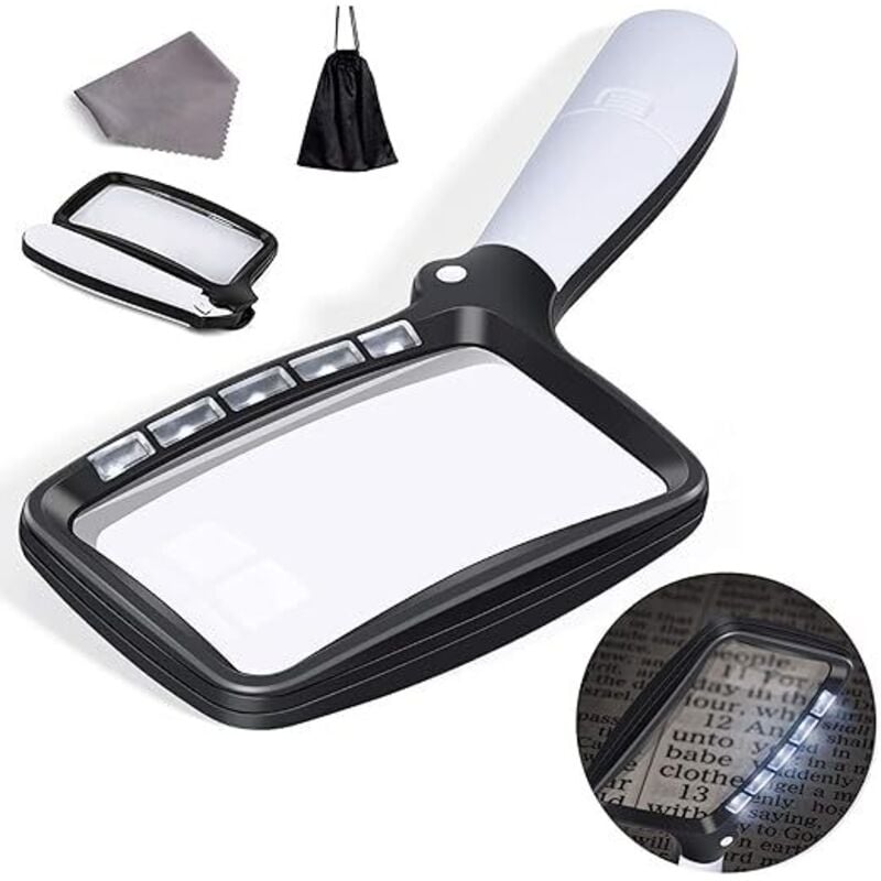 Rechteckige Leselupe mit 5 LED-Leuchten, 3-fache großformatige Leselupe mit dimmbarer led für ältere Menschen, Zeitungen, Bücher, Kleingedrucktes