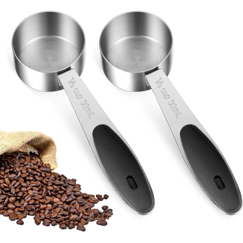 Ahlsen Set mit 2 Kaffee-Messlöffeln 30 ml, 1/8 Tasse Teelöffel, 30 ml Edelstahl-Kaffeelöffel mit schwarzem Silikongriff, 30 ml Kaffee-Messlöffel