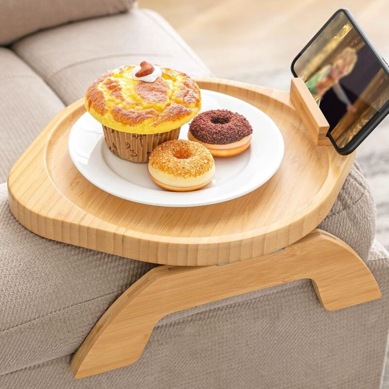 Sofa-Tablett mit drehbarer Handyhalterung, klappbare Armlehne aus Holz und Bambus, für breite Sofas, rutschfester Sofa-Getränkehalter, rund - Ahlsen