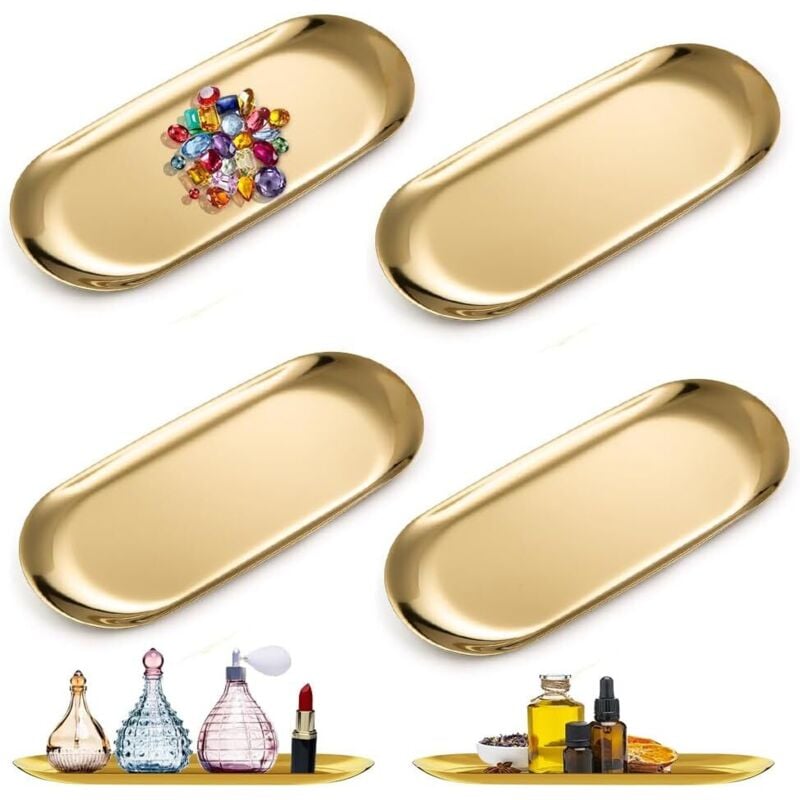 Ahlsen - Stück goldenes Tablett, ovales Tablett, goldenes Aufbewahrungstablett, Aufbewahrungstablett aus rostfreiem Metall für Snacks, Obst, Kerzen,