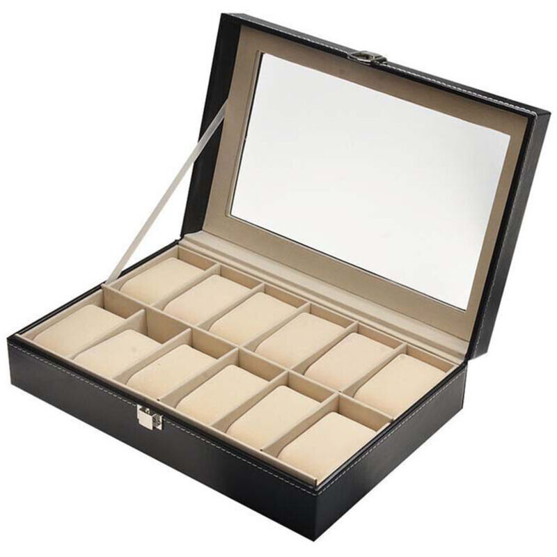 Uhrenbox, 12 Uhren-Organizer, Uhrenbox, Uhren-Organizer, schwarze Kunstleder-Uhrenbox - Ahlsen