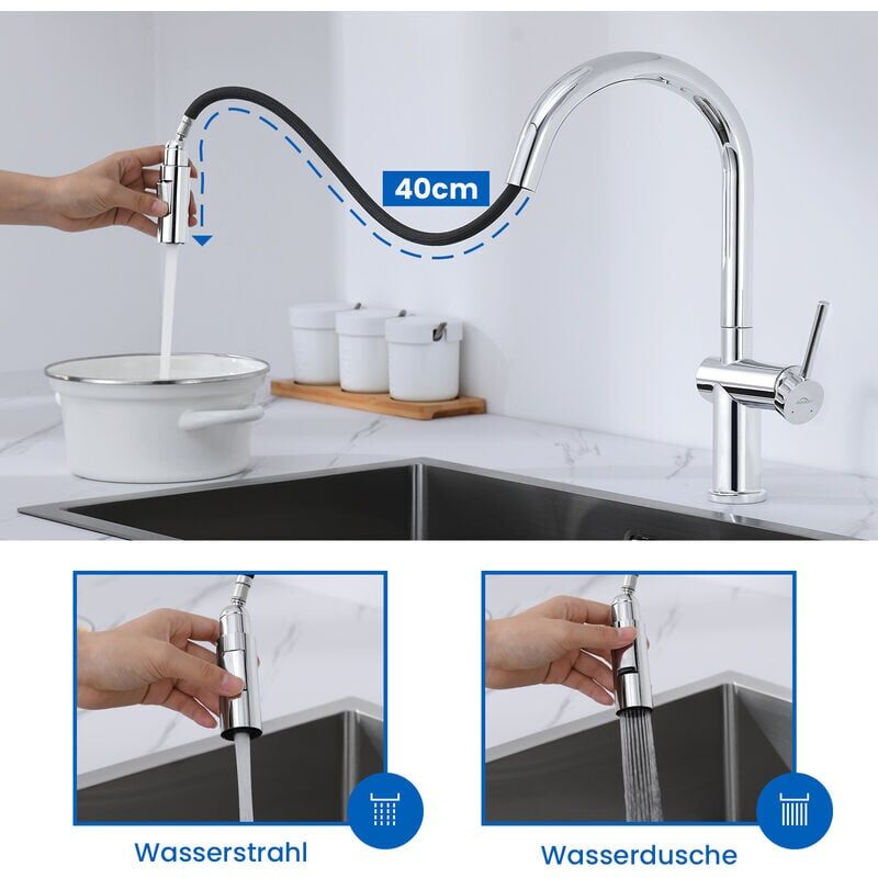 Ausziehbar Küchenarmatur Spültischarmatur Küche mit Brausekopf, hohe Auslauf Mischbatterie, Hochdruck Einhebel Wasserhahn für Küche, Chrom - Aiperq