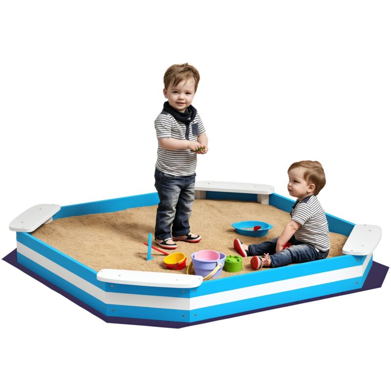 Sandkasten 133 x 108 cm Sandkiste aus Holz Sandbox mit Sitzbank, Bodenschutzfolie für 4 Kinder 3-7 Jahre Blau - Aiyaplay