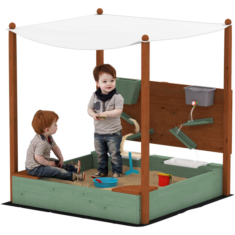 Sandkasten mit Abdeckung 116 x 112,5 cm aus Massivholz Imprägniert Kinder Sandbox mit Sitzbänken Bodenvlies Sandspielzeug, Sandkiste für Outdoor