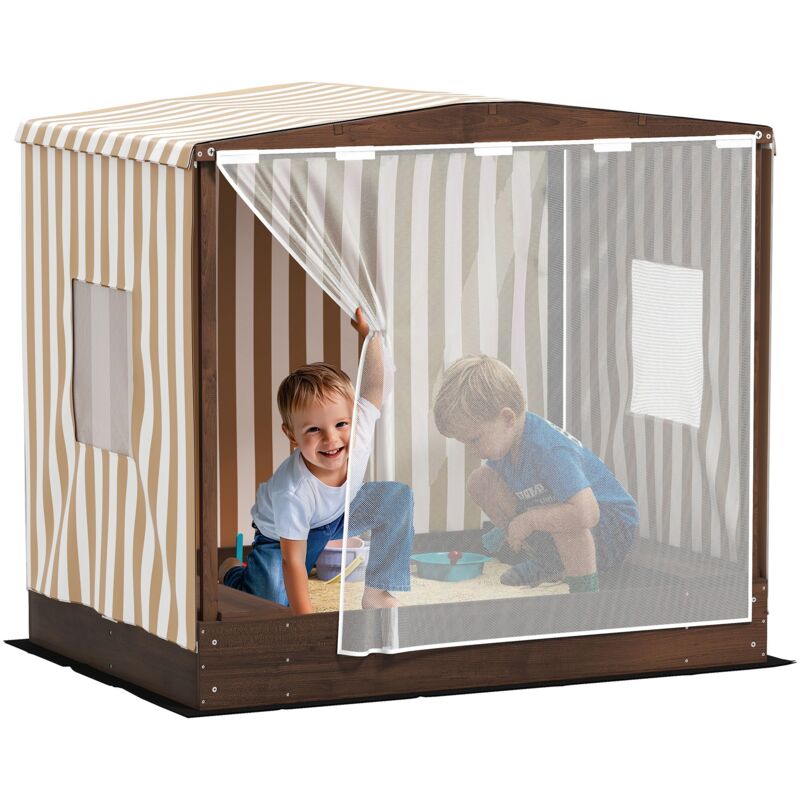 Sandkasten mit Vordach und Netztür, 142 x 101,5 cm Sandkiste aus Holz Sandbox mit Sitzbank, Stauraum, Bodenschutz, für 4 Kinder 3-6 Jahre Braun