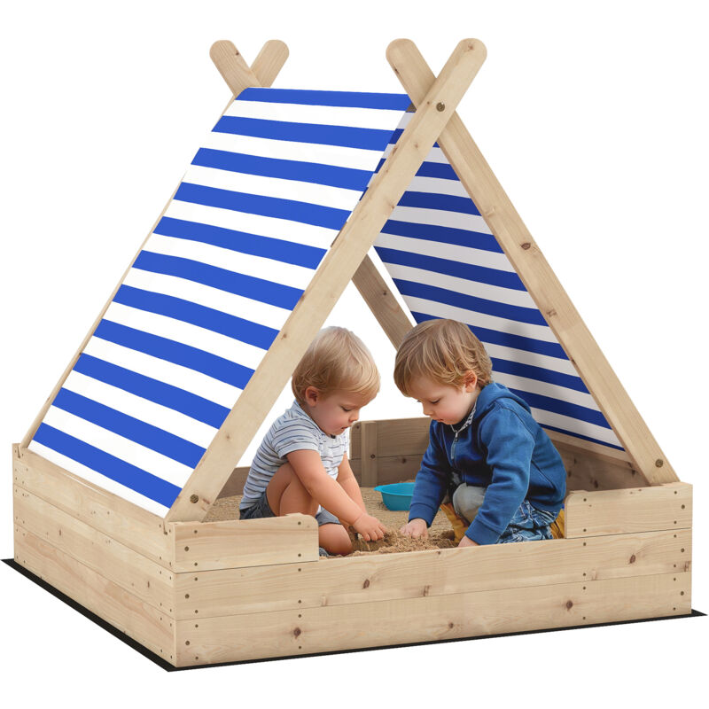 Sandkasten mit Abdeckung 120 x 120 cm aus Massivholz Imprägniert Kinder Sandbox mit Zeltdach Bodenvlies, Sandkiste für Outdoor Terrasse Balkon Garten