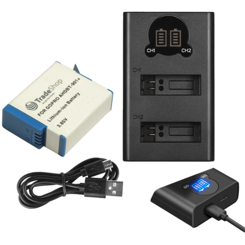 Trade-shop - Akku + 2-fach Ladegerät usb-c für GoPro Hero 12 Black AHDBT-901+ SPBL1B CHDFB-111 CHDHX-101 CHDHX-901 / Ladestation mit Micro-USB Kabel