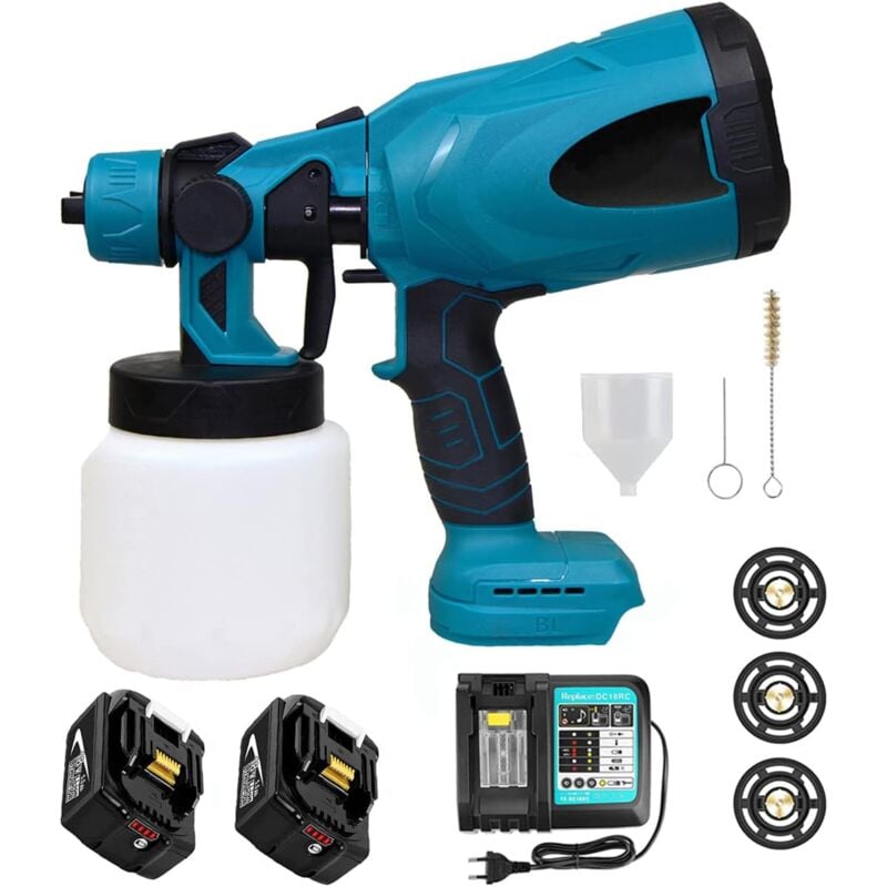 Akku Farbsprühsystem,mit 2x5500mAh Akku und DC18RC Ladegerät,Kompatibel mit Makita-Akku, Lackierpistole zum Streichen von Wänden, Decken, Möbel,