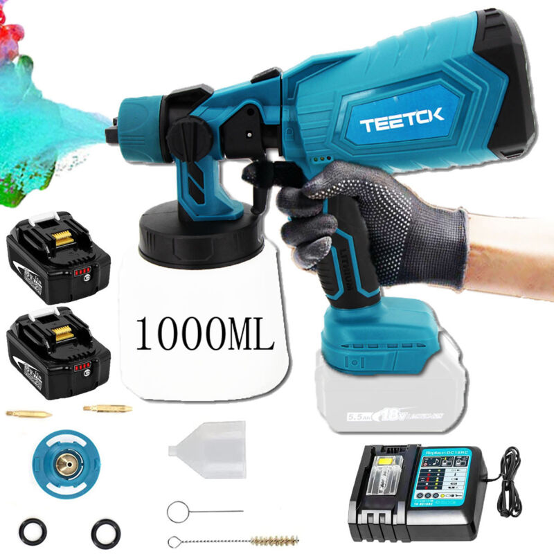 Akku Farbsprühsystem Set Elektrische Farbspritzpistole Farbspritzgerät Lackierpistole 1000ml 18V LXT +2x5.5A Akku+DC18RC Ladegerät ,Kompatibel mit