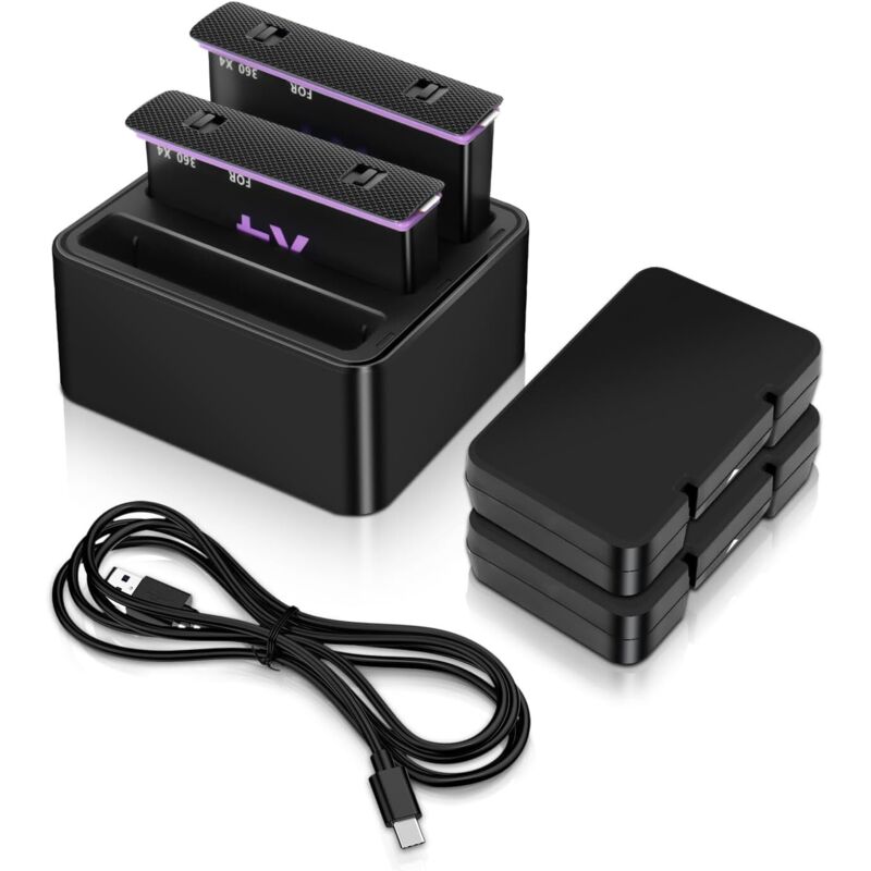Akku für 360 X4 Kamera, 3-fach-Ladegerät für 360 X4 Kamera, 2 x 2500 mAh Ersatzakkus, USB-C-Ladeanschluss, für 360 X4 Kamera