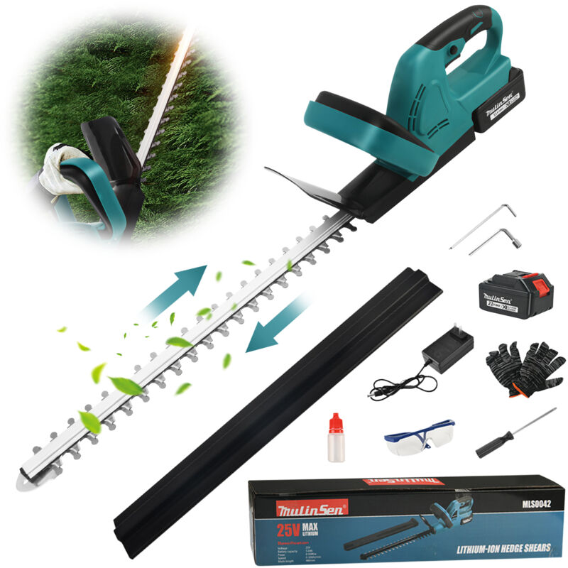 Akku Heckenschere, Ultrixe 21V Elektrische Heckenschere, 51cm Schnittlänge, Doppelklinge aus SK-5-Stahl, mit 3 Ah Akku und Ladegerät, bürstenloser