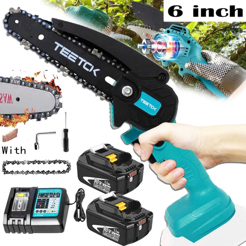 Akku-Kettensägen, 6-Zoll-Akku-Elektrokettensäge, Mini-Hand-Holzbearbeitungssäge, leistungsstarke Kettensäge + 2 x 5500-mAh-Akku +
