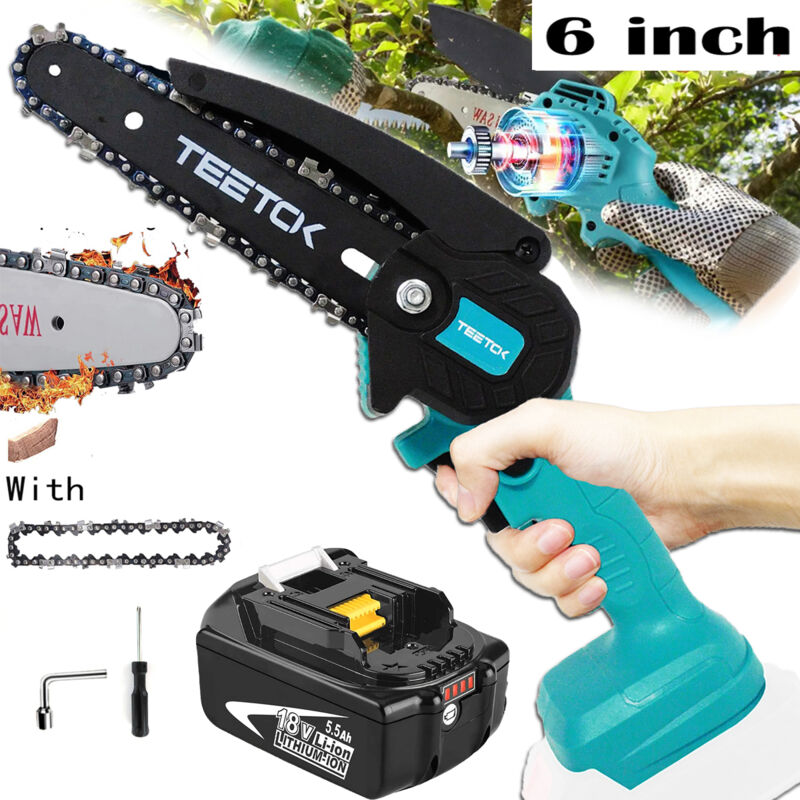 Akku-Kettensägen, 6 Zoll, kabellose elektrische Kettensäge, tragbare Mini-Holzbearbeitungssäge, leistungsstarke Kettensäge + 5,5-Ah-Akku (kein