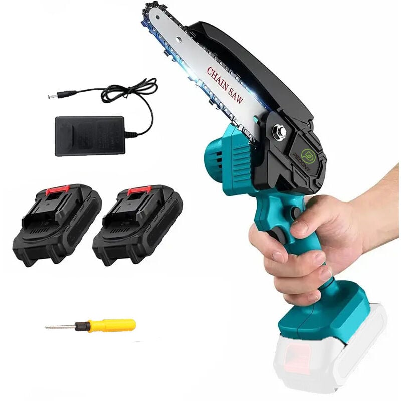 Mawiron - Akku-Kettensäge, 6-Zoll Akku-elektrische Mini-Kettensäge, leistungsstarke Holzkostensäge mit 2x 3,0A Akku und DC18RC Ladegerät, kompatibel
