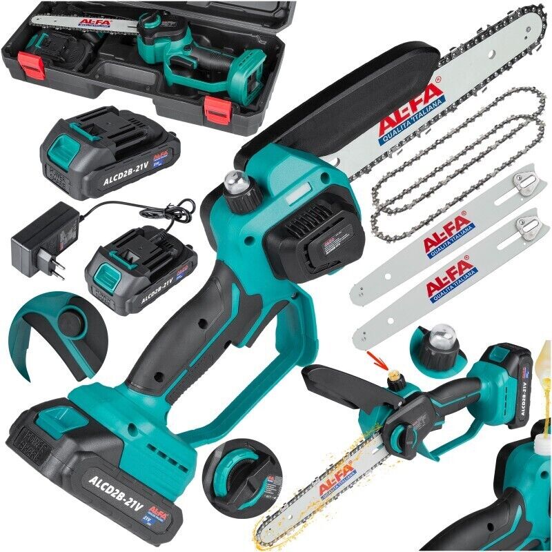 Akku Kettensäge 8 Zoll mit Kettenschmiersystem 2x Akku LI-ION 21V 3.0Ah Bürstenlosen Motor, Mini Elektrische Kettensäge, Einhand Motorsäge für Garten